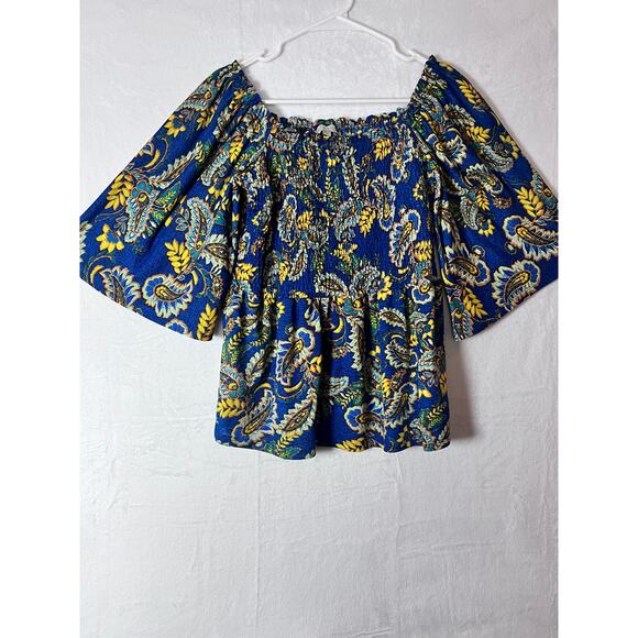 ✨Status By Chenault M Off Shoulder Peasant Blouse Boho Floral Blue Yellow - Picture 6 of 6
